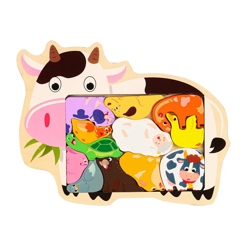 Cow-shaped wooden jigsaw puzzle with colorful animal pieces in the window