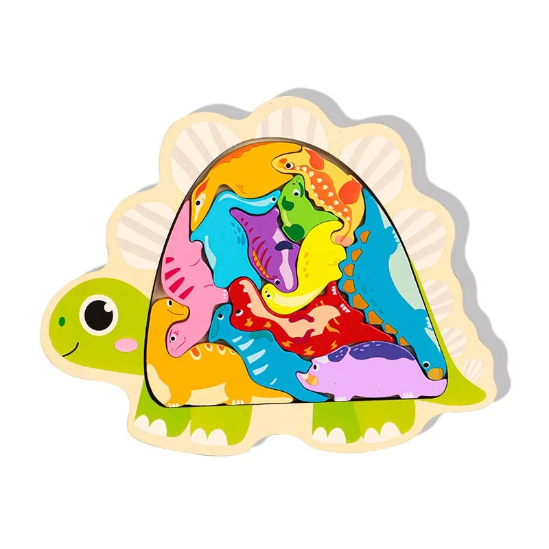 Dinosaur-shaped wooden jigsaw puzzle on a white background, second view
