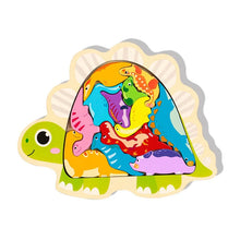 Dinosaur-shaped wooden jigsaw puzzle with a green head and colorful animal pieces