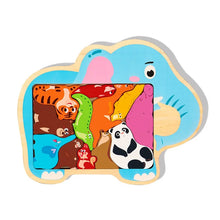 Blue elephant-shaped wooden jigsaw puzzle with colorful animal pieces including a panda