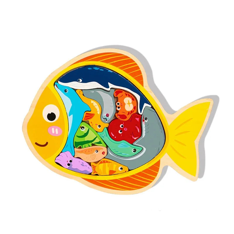Orange fish-shaped wooden jigsaw puzzle with colorful sea animal pieces