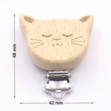 Wooden cat pacifier clips variant set, animal teether holders for soothing babies and organising dummies.