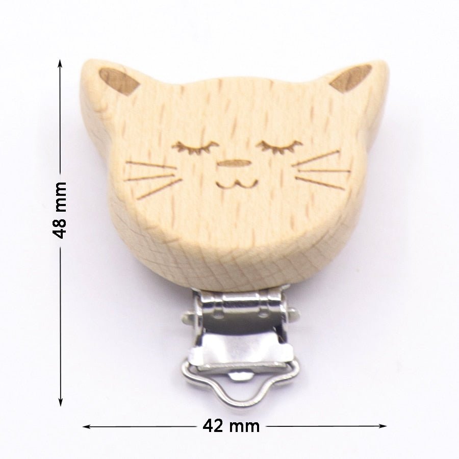 Wooden cat shaped pacifier clip with dimensions, an animal teether holder for soothing babies at home and on the move.