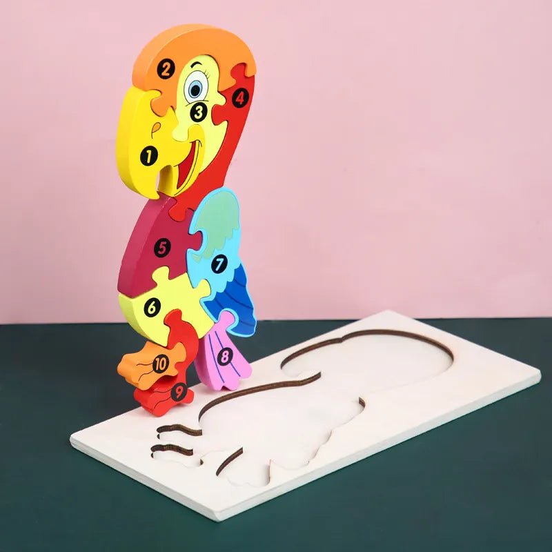 Wooden caterpillar puzzle with sorting tray for toddlers tidying pieces away after learning play.
