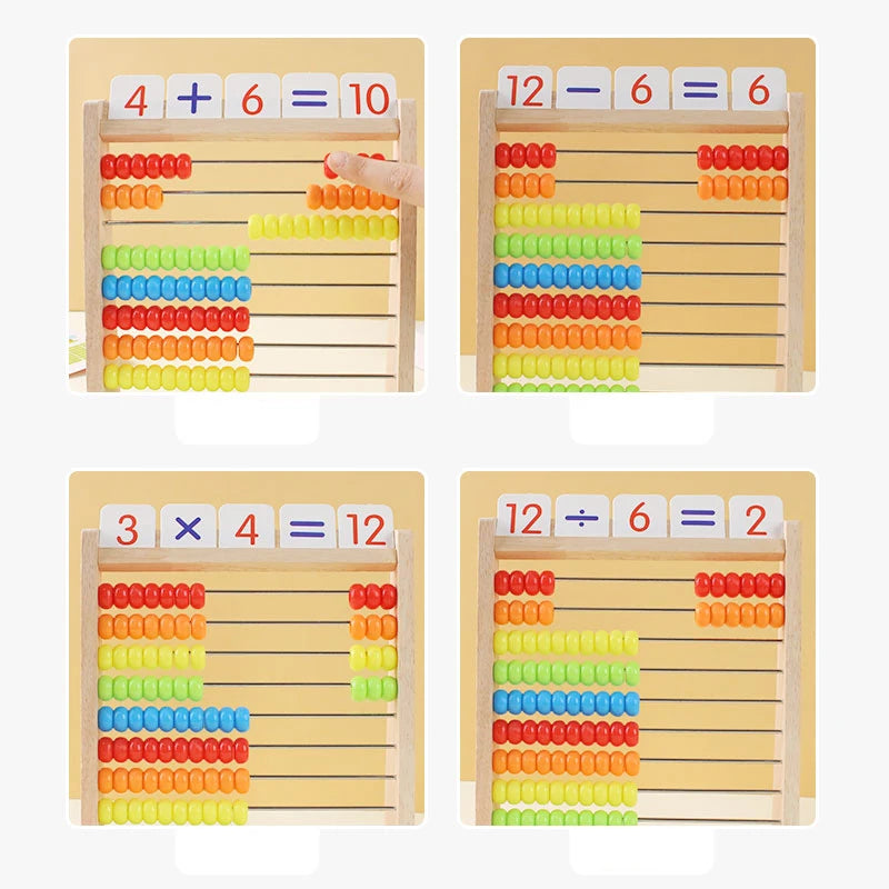 Four wooden counting frame abacuses with arithmetic equations for classroom math practice.