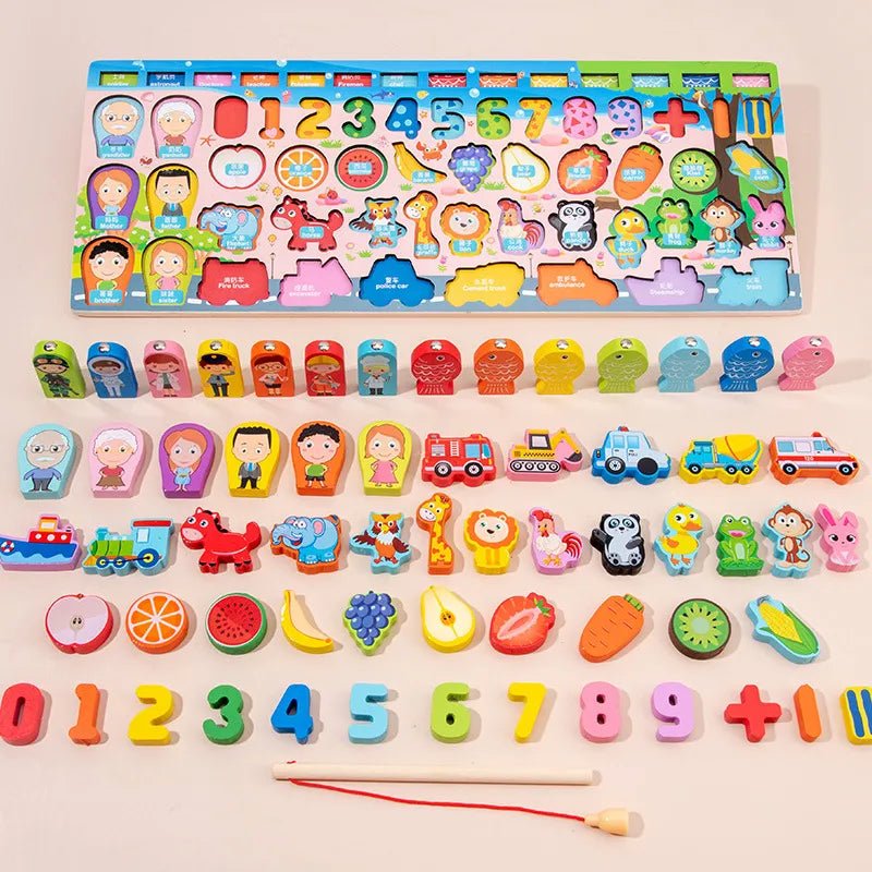 Wooden counting puzzle toy with numbers, letters, and shapes for hands-on math learning at home or in preschool.