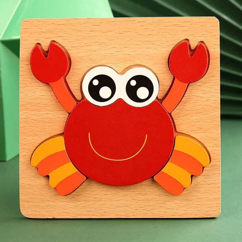 Wooden crab shape puzzle for toddlers building beach animal figures and improving grip control.