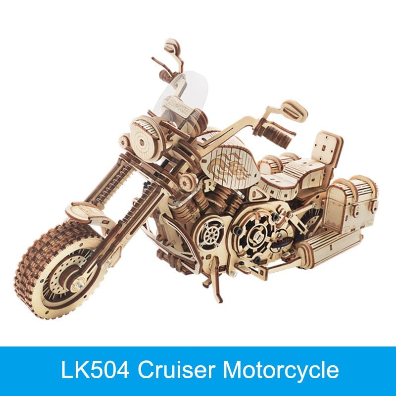Wooden cruiser motorcycle gear model from the 3D puzzle DIY kit for weekend crafting projects and shelf display.