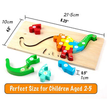 Wooden dinosaur jigsaw pieces for preschoolers assembling shapes and developing patience.