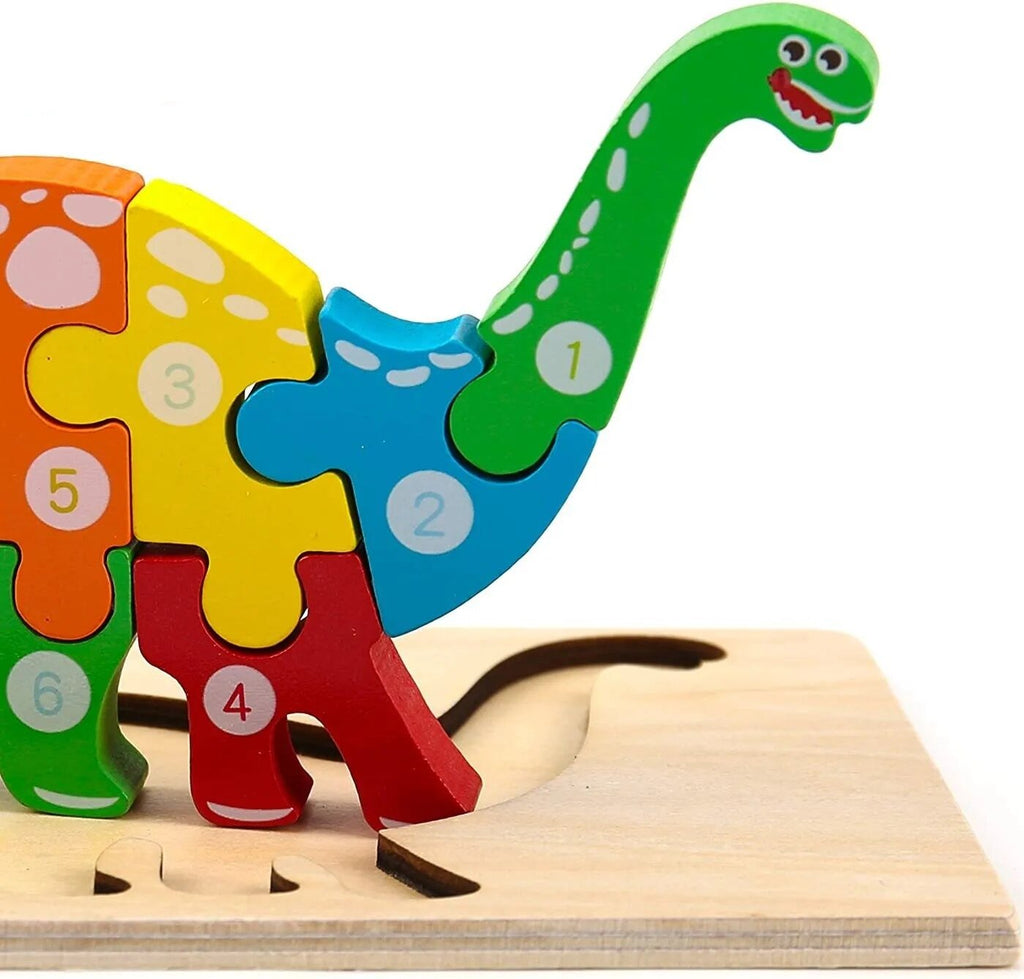Wooden dinosaur number puzzle for toddlers to learn counting and shape fitting during quiet play.