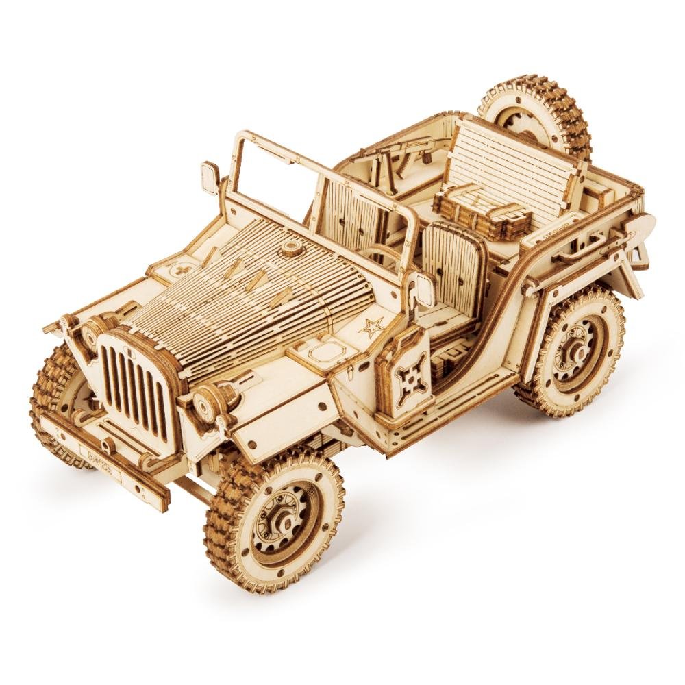 Wooden model of a jeep.