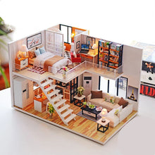 Wooden miniature dollhouse kit two-story layout with bedroom, living room, and office for imaginative play.