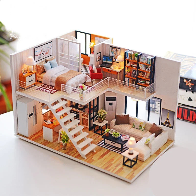Wooden miniature dollhouse kit two-story layout with bedroom, living room, and office for imaginative play.