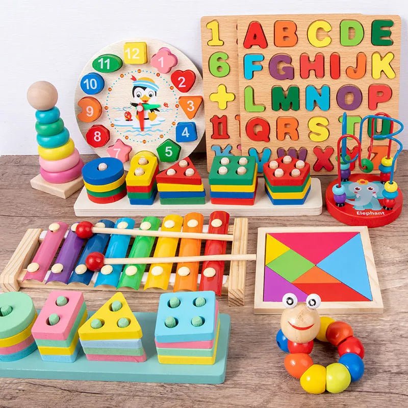 Assorted Montessori wooden educational toy set for babies exploring colors, shapes, and early learning skills.