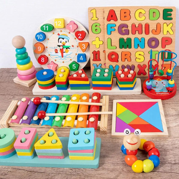 Assorted Montessori wooden educational toy set for babies exploring colors, shapes, and early learning skills.