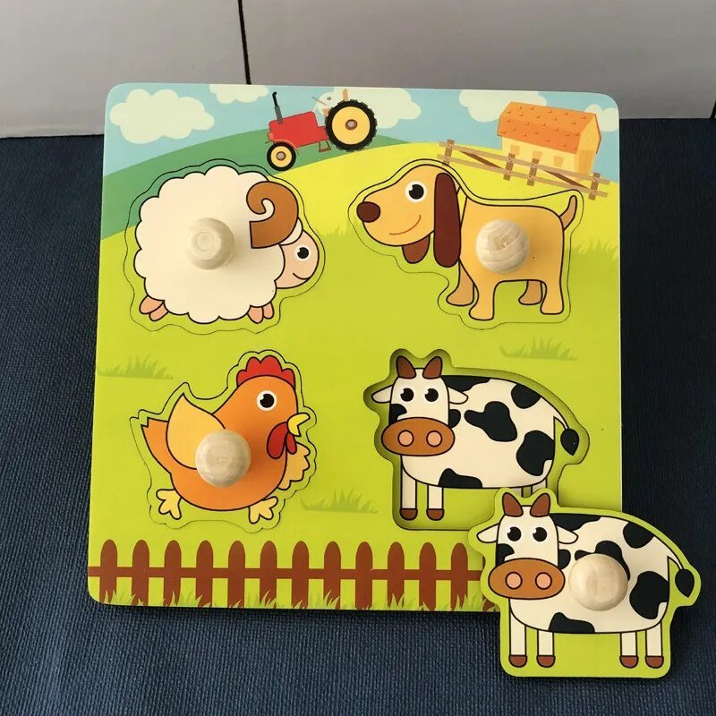 Wooden farm animal puzzle for toddlers practising shape sorting and animal recognition.