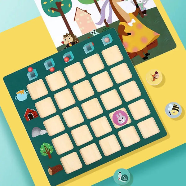 Green wooden 5 by 5 find the location board with a rabbit disc placed and a forest picture card behind