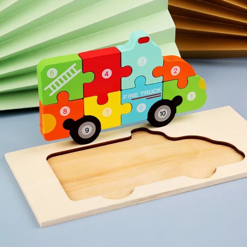 Wooden fire truck puzzle for toddlers enjoying rescue vehicle play and shape recognition.