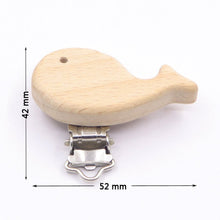 Wooden fish shaped pacifier clip with clasp and dimensions, a teether accessory that keeps dummies off the floor.