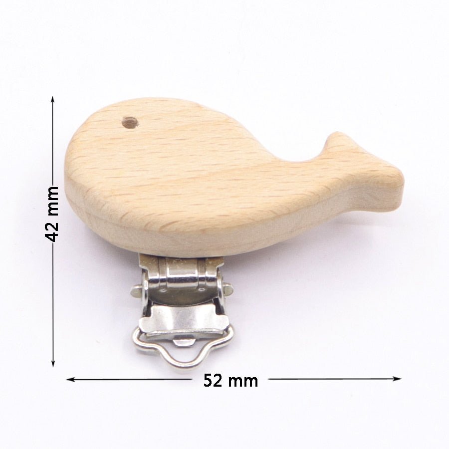 Wooden fish shaped pacifier clip with clasp and dimensions, a teether accessory that keeps dummies off the floor.