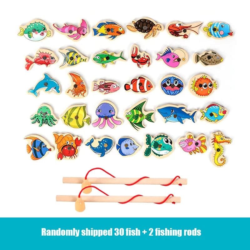 Full kit view of the wooden fishing game with dual rods and colourful fish, an edutainment toy for preschool play.