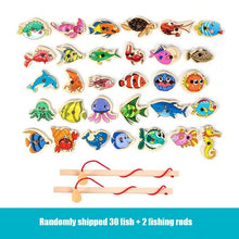Full kit view of the wooden fishing game with dual rods and colourful fish, an edutainment toy for preschool play.