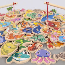 Wooden fishing game with marine life figures, an edutainment set that builds hand-eye coordination in young children.