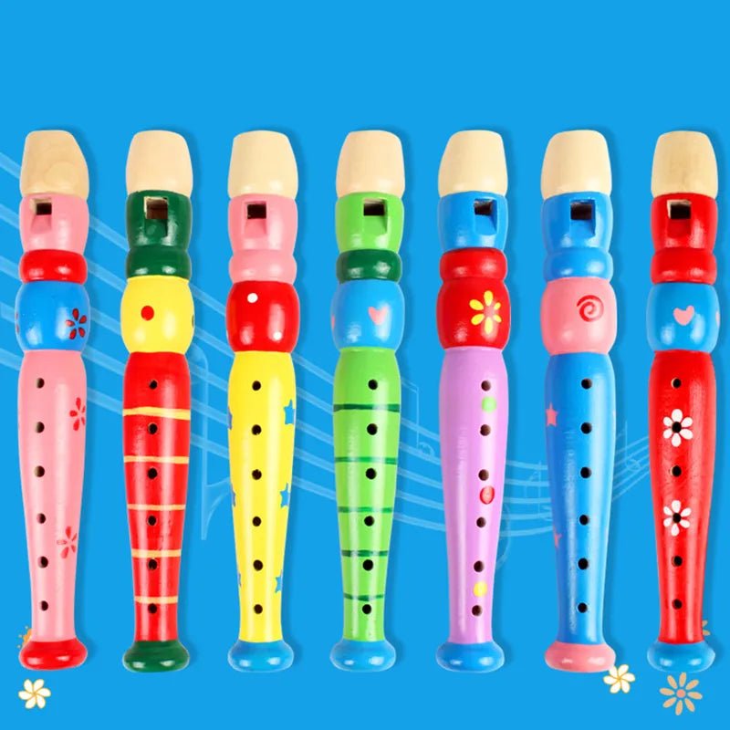 Colorful Wooden Flute and Trumpet Set displayed together for educational music play at home.