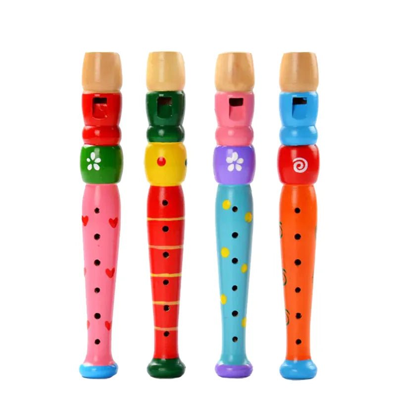 Colorful Wooden Flute and Trumpet Set with four recorders for kids music learning and play.