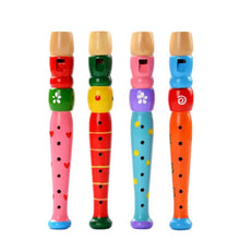 Colorful Wooden Flute and Trumpet Set with four recorders for kids music learning and play.