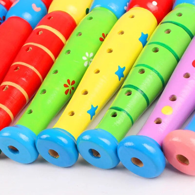 Colorful Wooden Flute and Trumpet Set showing pattern variety for kids educational music toys.