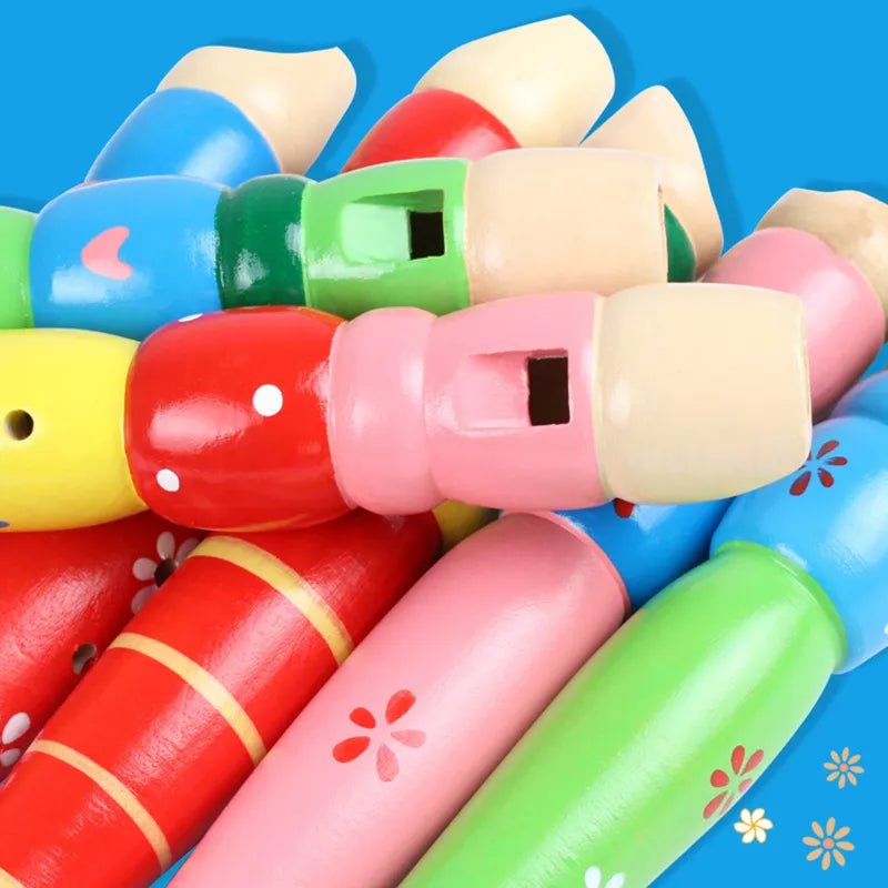 Colorful Wooden Flute and Trumpet Set accessory piece included for imaginative music play.