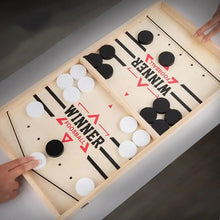 Wooden Foosball and Hockey Board Game with black and white balls for kids indoor family play.