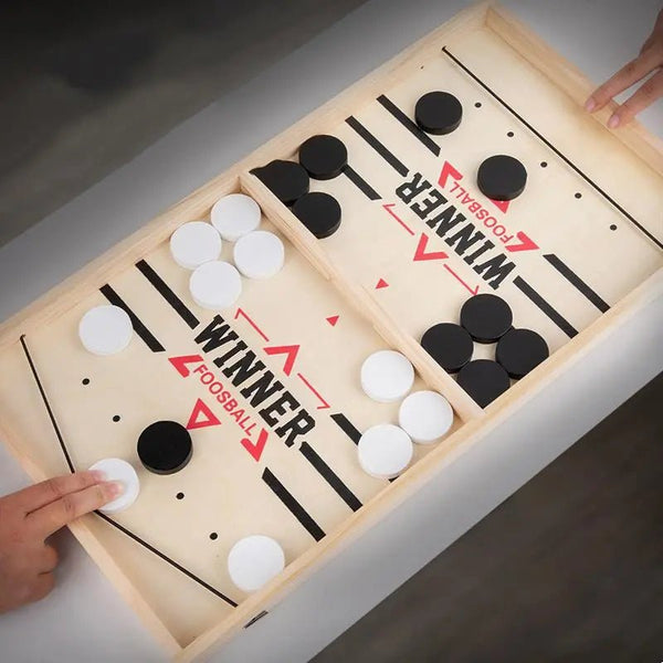 Wooden Foosball and Hockey Board Game with black and white balls for kids indoor family play.