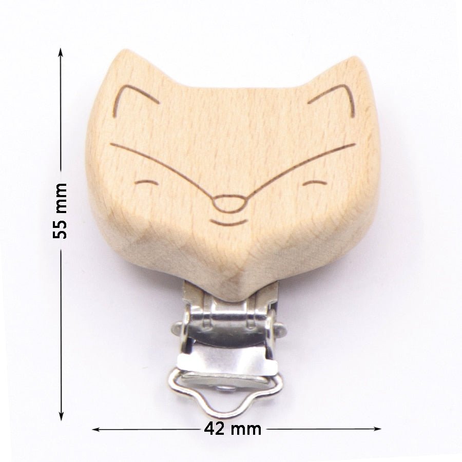 Wooden fox shaped pacifier clip with dimensions, an animal teether holder for soothing babies during walks and naps.