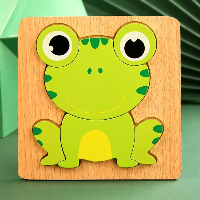 Wooden frog shape puzzle for toddlers assembling animal figures during screen-free playtime.