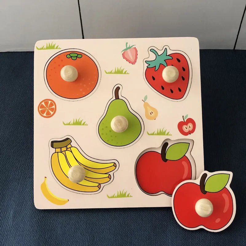 Wooden fruit and vegetable puzzle for toddlers learning healthy food names at mealtime and play.
