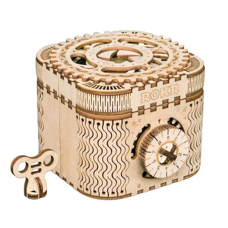 Wooden gear mechanism detail of the 3D puzzle DIY kit showing moving cogs for learning engineering basics at home.