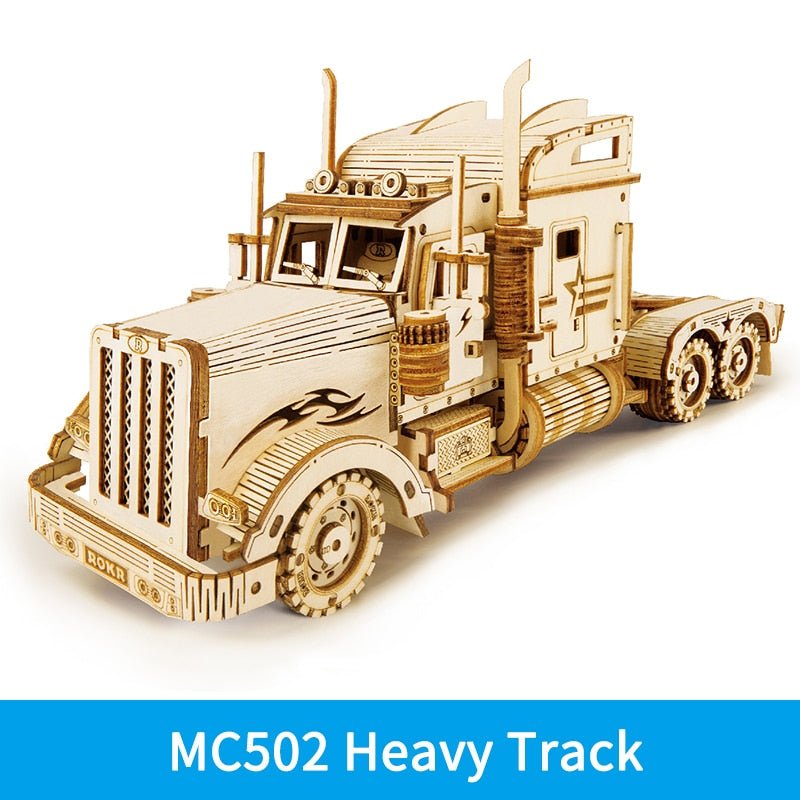 Wooden cargo truck gear model from the 3D puzzle DIY assembly kit for children practising patience and fine motor skills.
