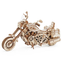 Wooden motorcycle model from the 3D gear puzzle DIY kit for teens building mechanical models as a screen-free hobby.