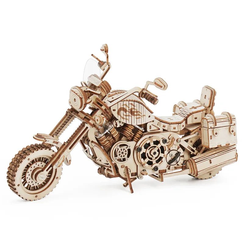 Wooden motorcycle model from the 3D gear puzzle DIY kit for teens building mechanical models as a screen-free hobby.