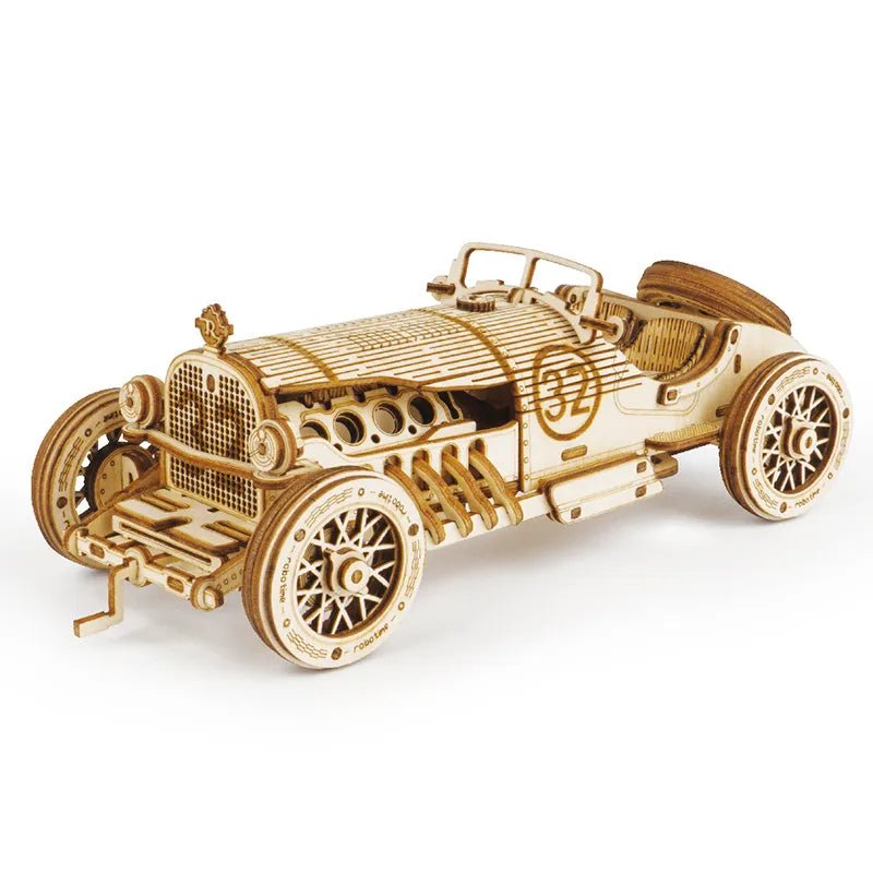 Assembled vintage car from the 3D Wooden Puzzle Gear Model DIY Kit for STEM building projects and desk display.