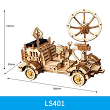 Wooden gear vehicle model with size chart view from the 3D puzzle kit for comparing builds before choosing a design.