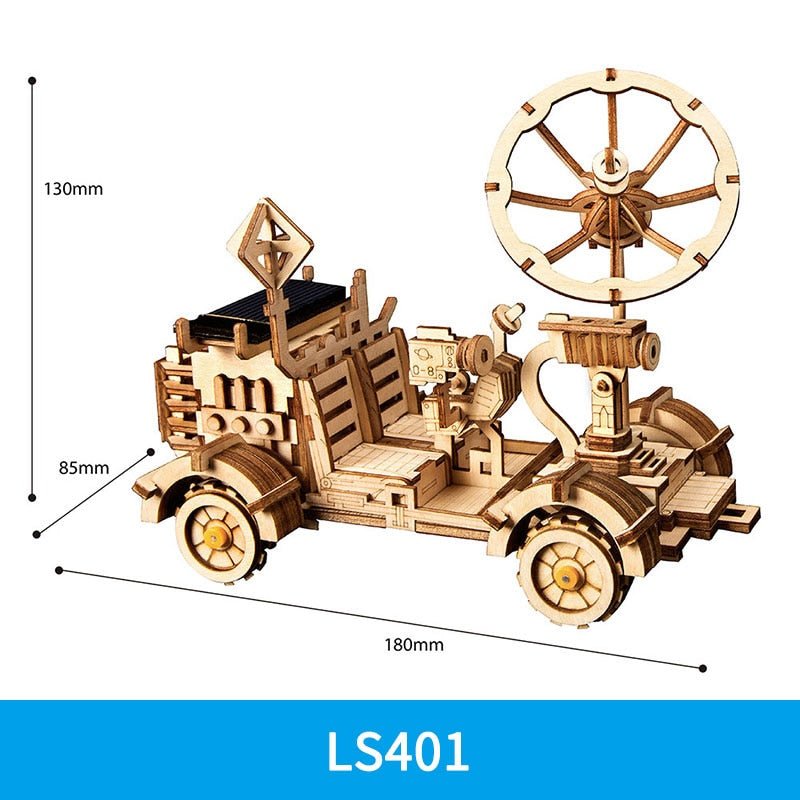 Wooden gear vehicle model with size chart view from the 3D puzzle kit for comparing builds before choosing a design.