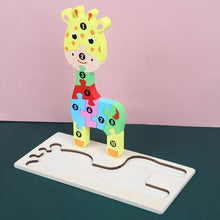 Wooden giraffe puzzle for toddlers comparing tall shapes and practising careful hand placement.