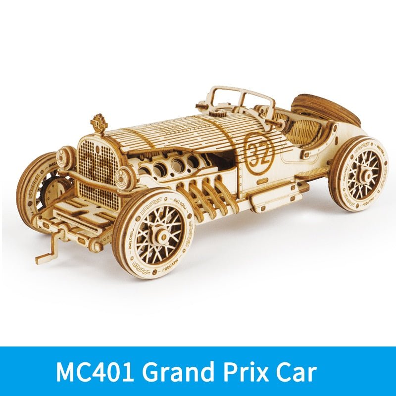 Wooden Grand Prix car gear model from the 3D STEM puzzle kit for teaching mechanical motion through building.