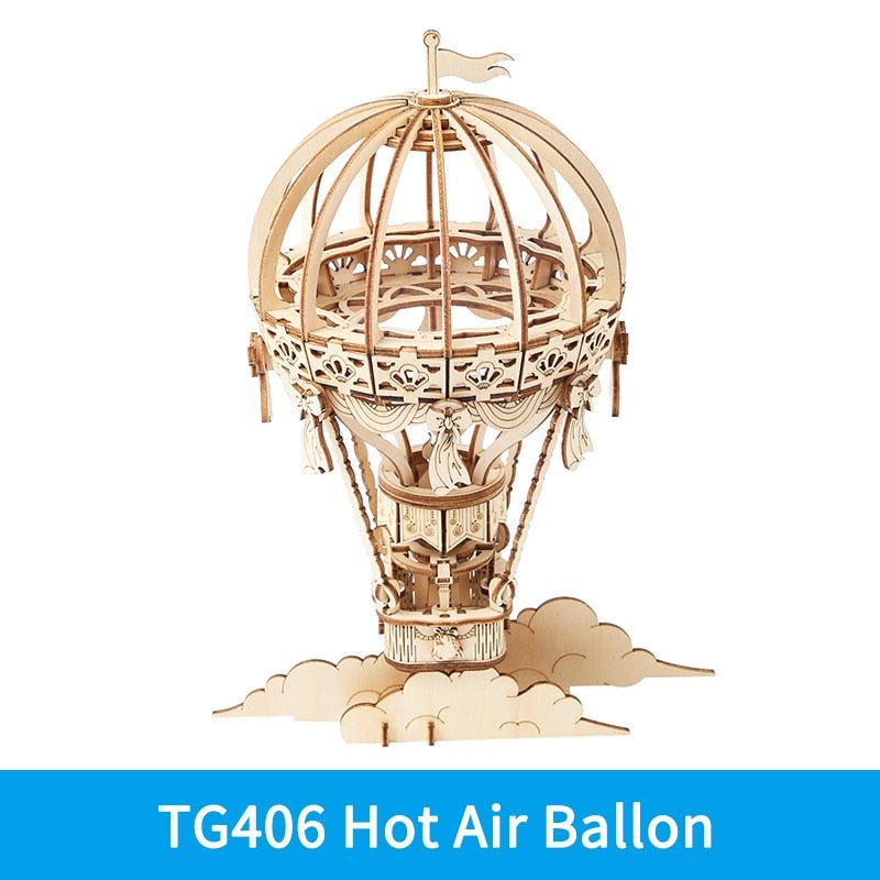 Wooden hot air balloon gear puzzle kit displayed as a decorative gift for crafters who like mechanical models.