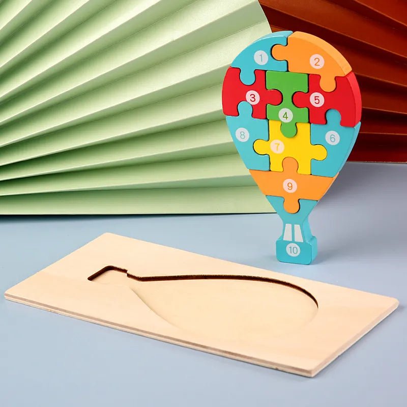 Wooden hot air balloon puzzle with numbers for toddlers combining counting with creative play.