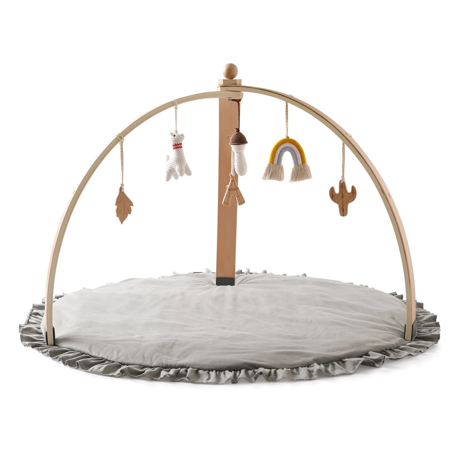 Wooden infant play gym with hanging mobile toys for reaching, batting, and grasping practice on the mat.