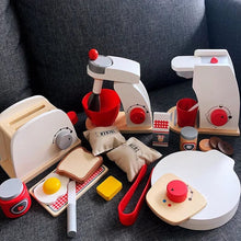Wooden kitchen play set with appliances and food items styled for realistic pretend cooking scenes.